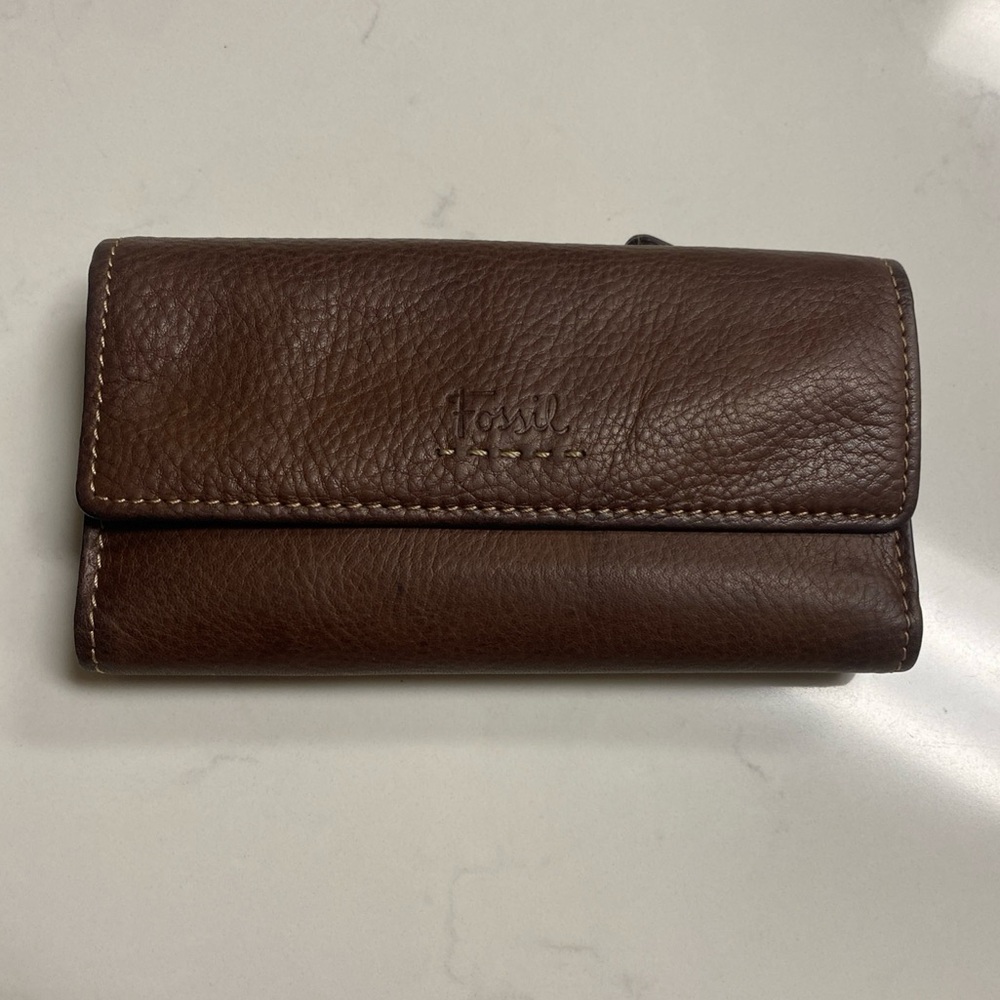 Vintage Fossil Brown Pebbled Leather Women’s Wallet Clutch Stitching Detail